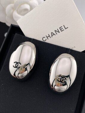 Cha nel Silver Oversized Oval CC Logo Statement Earrings 100% Authentic